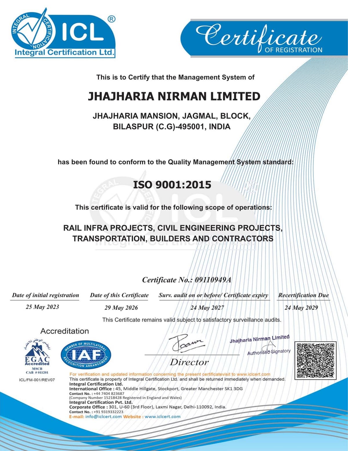 ISO 9001:2015 certificate of Jhajharia Nirman Limited