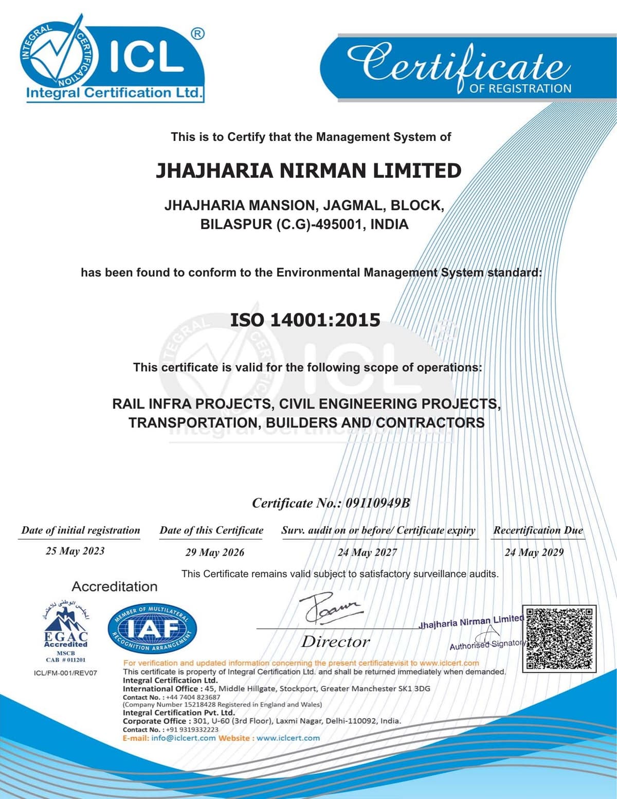 ISO 14001:2015 certificate of Jhajharia Nirman Limited