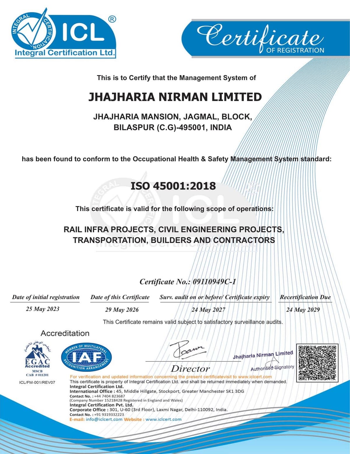 ISO 45001:2018 certificate of Jhajharia Nirman Limited